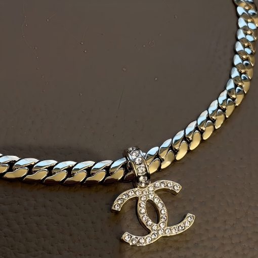 24P Classic Gold-Tone CC Pendant Choker Necklace with Rhinestones & Snake Chain - Image 9