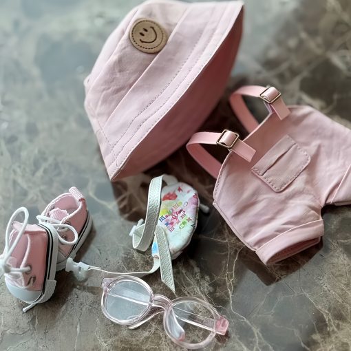 Labubu Doll Clothes Set – Standing 17cm Outfit, Pink Vinyl Overalls, Sneakers, Hat, Glasses, and Bag (Doll Not Included) - Image 2