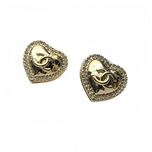 24P Chanel-inspired Heart-shaped Metal Rhinestone Stud Earrings - Image 5