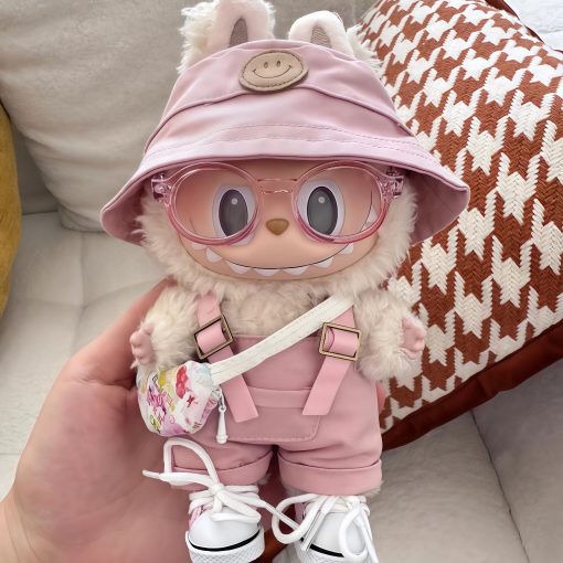 Labubu Doll Clothes Set – Standing 17cm Outfit, Pink Vinyl Overalls, Sneakers, Hat, Glasses, and Bag (Doll Not Included) - Image 3