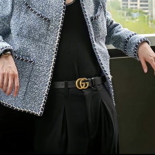 Double G Smooth Buckle Letter-Embellished Genuine Leather Belt in Black (2cm Width) - Unisex Couple's Style - Image 3