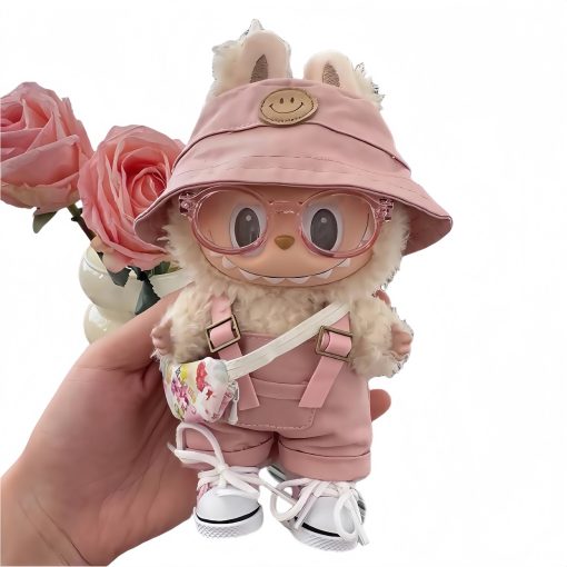 Labubu Doll Clothes Set – Standing 17cm Outfit, Pink Vinyl Overalls, Sneakers, Hat, Glasses, and Bag (Doll Not Included)