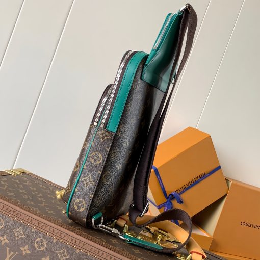 LOUIS VUITTON Avenue Sling Bag with Monogram Zip Closure, Leather Accents, Unisex Green and Brown Crossbody Bag - Image 5
