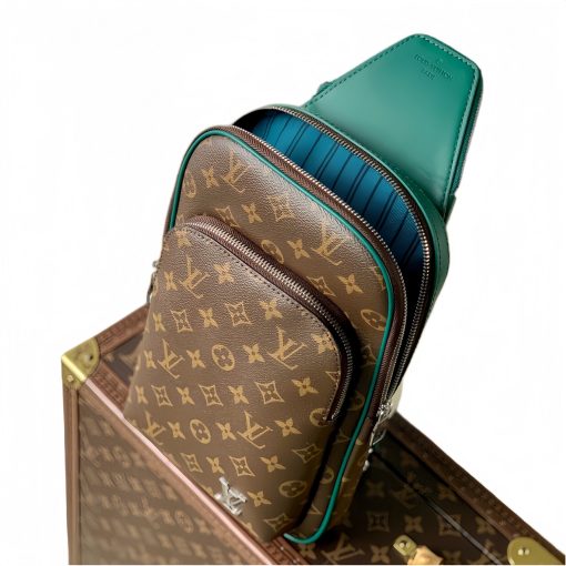 LOUIS VUITTON Avenue Sling Bag with Monogram Zip Closure, Leather Accents, Unisex Green and Brown Crossbody Bag - Image 6