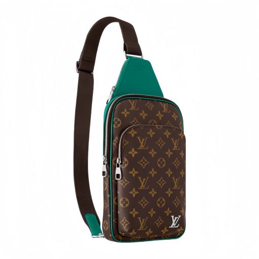 LOUIS VUITTON Avenue Sling Bag with Monogram Zip Closure, Leather Accents, Unisex Green and Brown Crossbody Bag