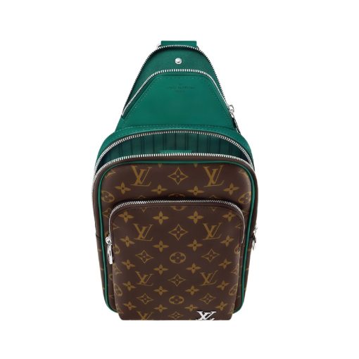 LOUIS VUITTON Avenue Sling Bag with Monogram Zip Closure, Leather Accents, Unisex Green and Brown Crossbody Bag - Image 7