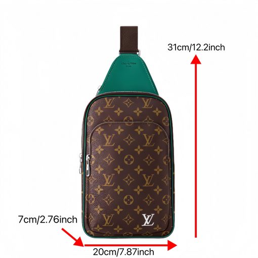LOUIS VUITTON Avenue Sling Bag with Monogram Zip Closure, Leather Accents, Unisex Green and Brown Crossbody Bag - Image 3