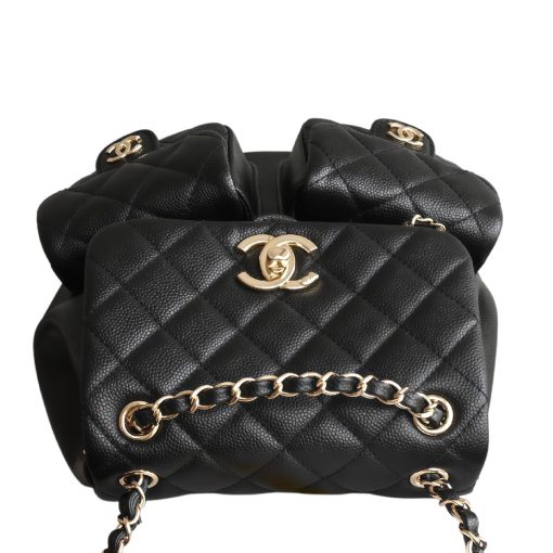 CHANEL 25P Vintage Light Gold Buckle Quilted Pattern Calfskin Backpack, Medium, Unisex Couple Style, Black - Image 6