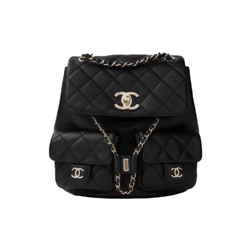 CHANEL 25P Vintage Light Gold Buckle Quilted Pattern Calfskin Backpack, Medium, Unisex Couple Style, Black
