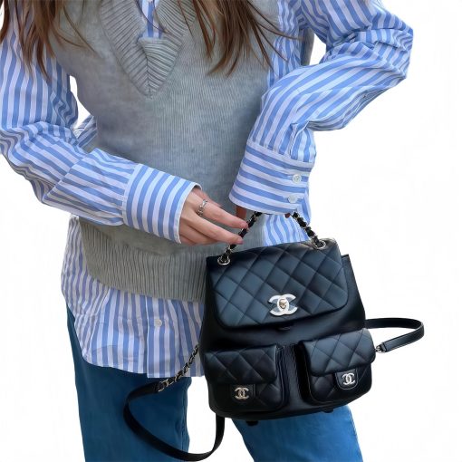 CHANEL 25P Vintage Light Gold Buckle Quilted Pattern Calfskin Backpack, Medium, Unisex Couple Style, Black - Image 2