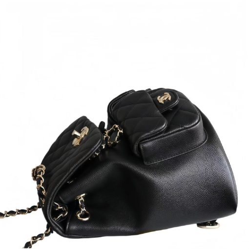 CHANEL 25P Vintage Light Gold Buckle Quilted Pattern Calfskin Backpack, Medium, Unisex Couple Style, Black - Image 7