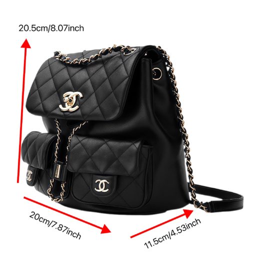 CHANEL 25P Vintage Light Gold Buckle Quilted Pattern Calfskin Backpack, Medium, Unisex Couple Style, Black - Image 3